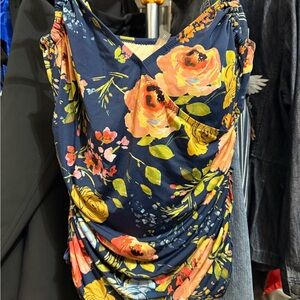 Garnet Hill Navy Top with Orange and Yellow Floral Design